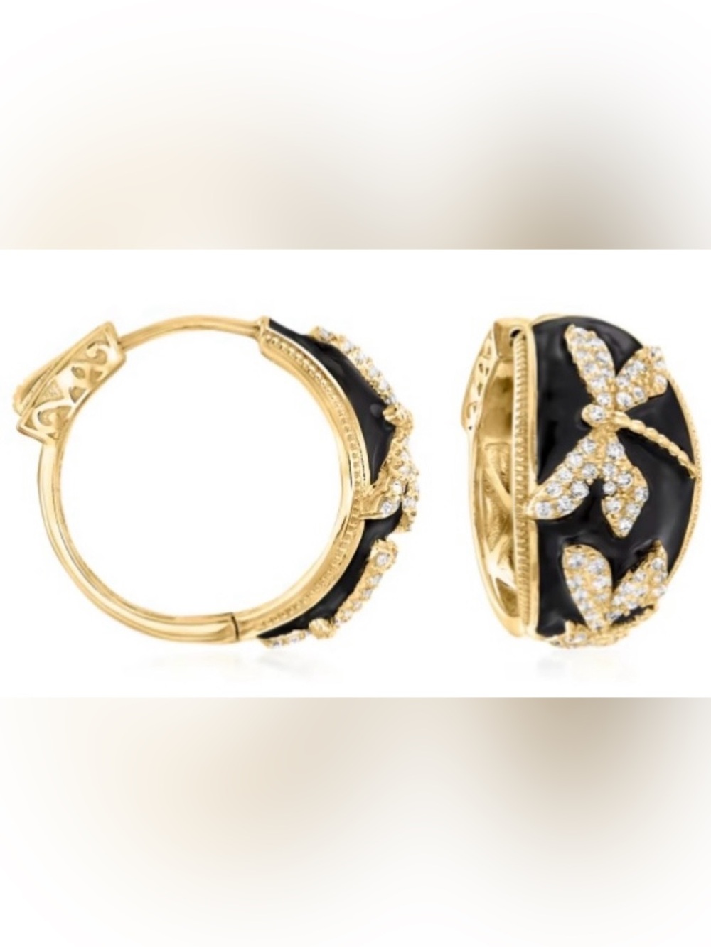 ROSS-SIMONS Sterling Silver White Topaz & Black Enamel Dragonfly Hoop Earrings
